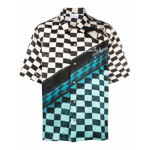 青味 天の原 はたご屋 メンズ プルオーバー トップス Embroidered-logo checked shirt Black