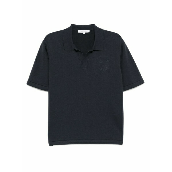 棲み家 稲荷 メンズ スポーツシャツ トップス Bold fox head embroidered knitted polo shirt Grey