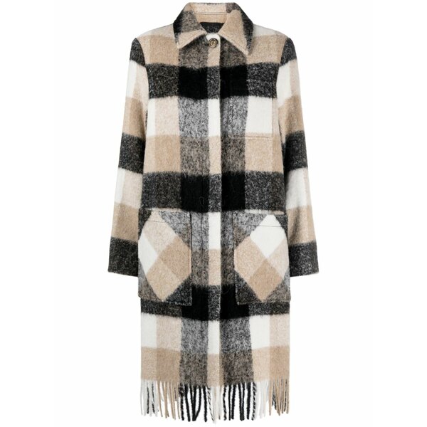 羊毛 金持ち レディース 厚地の外套 アウター Plaid-check fringed-hem coat Neutrals