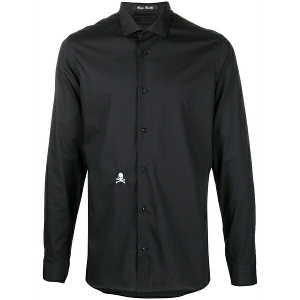 フィリップ飾り気の無い メンズ ティーシャツ トップス Embroidered skull cotton shirt Black