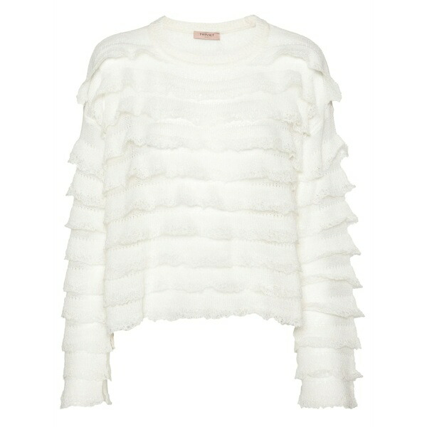 ツイン書き割り レディース 編み物\u0026ティーシャツ アウター Ruffled open-knit jumper White
