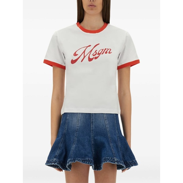 エムエスジイエム レディース プルオーバー トップス Contrast-trim logo-print t-shirt White