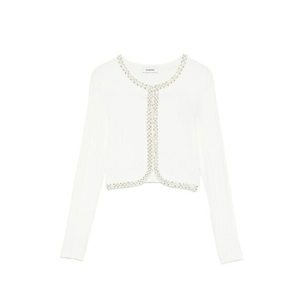 サンドロ レディース カーディガン アウター Rhinestone-embellished faux-pearl cardigan White｜asty