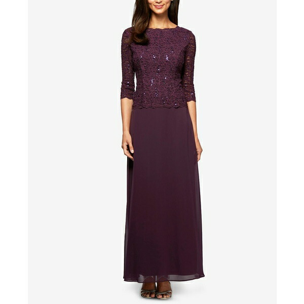 ピンク・ブルー アレックスイブニングス ワンピース トップス レディース Plus Sequined Scalloped Edge Lace Top  Gown Deep Plum 通販