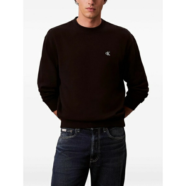 カルバンクライン メンズ パーカー・スウェットシャツ アウター Logo-embroidery crew-neck sweatshirt Black