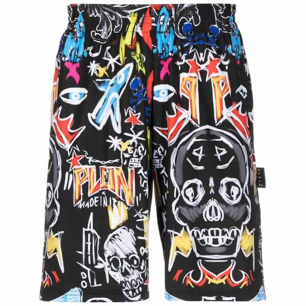 フィリップ飾り気の無い メンズ 心地好いズボン下 ボトムス Graphic-print track shorts Black