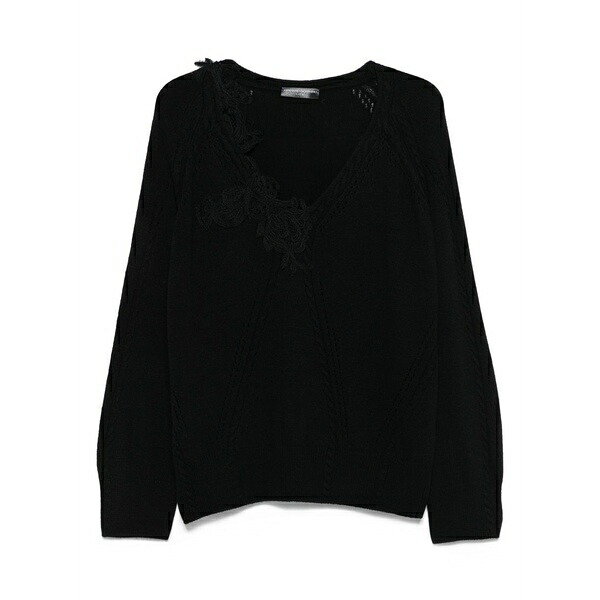 エルマンノ シェルヴィーノ レディース 編み物\u0026ティーシャツ アウター Lace-insert knit sweater Black