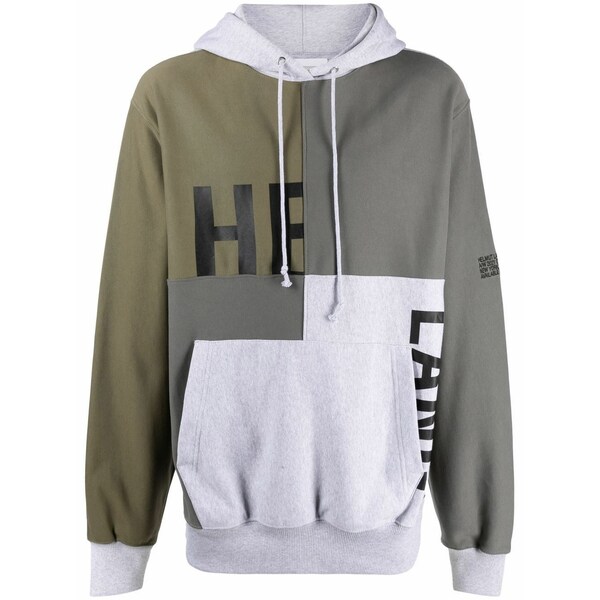 ヘルムート 言葉づかい メンズ パーカー・スウェットシャツ アウター Patchwork logo-print pullover hoodie  Grey
