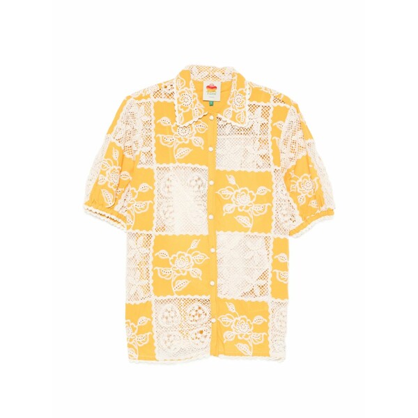 耕園 リオ レディース プルオーバー トップス Patchwork floral-embroidered shirt Yellow
