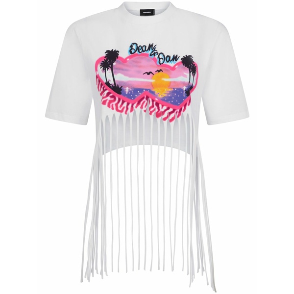 ディースクエアード レディース ティーシャツ トップス Graphic-print fringed t-shirt White