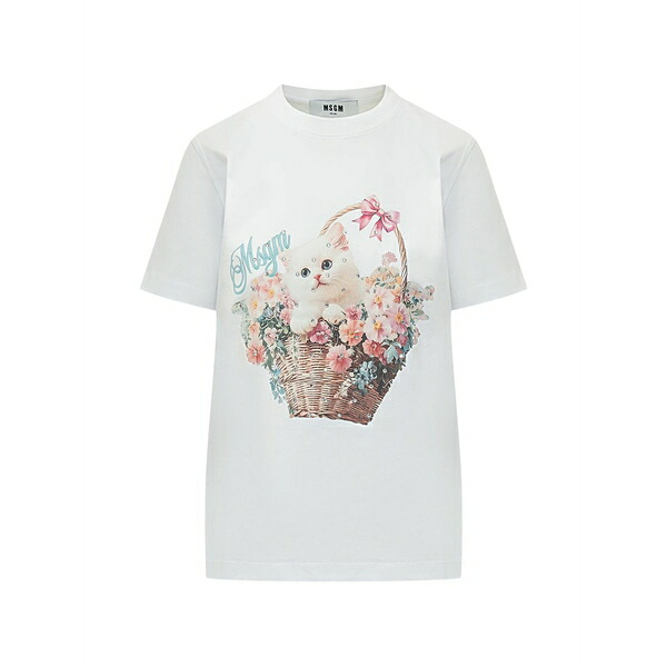 エムエスジイエム レディース プルオーバー トップス Floral kitten graphic t-shirt White