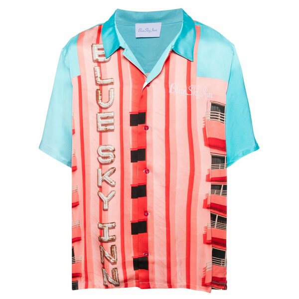 青味 天の原 はたご屋 メンズ プルオーバー トップス Inn sign-print satin shirt Red