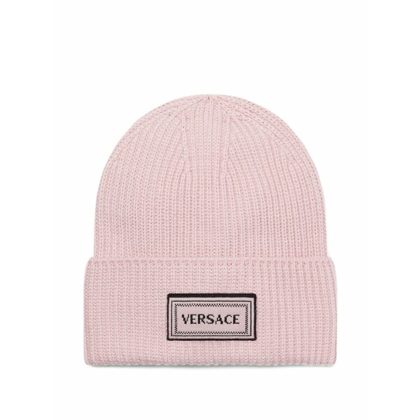 ヴェルサーチ レディース かぶり笠 添え物 Logo-patch ribbed beanie hat Pink