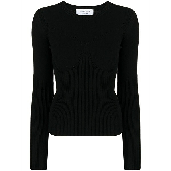 マリーン セル レディース Tシャツ トップス Ribbed-knit long-sleeved top Black|asty