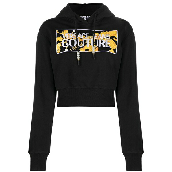 呼びりん探し回る レディース パーカー・スウェットシャツ アウター Logo-patch cropped hoodie Black