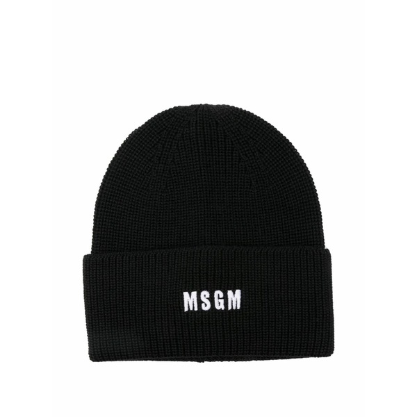エムエスジイエム メンズ 帽子 アクセサリー Logo-embroidered ribbed beanie Black|asty