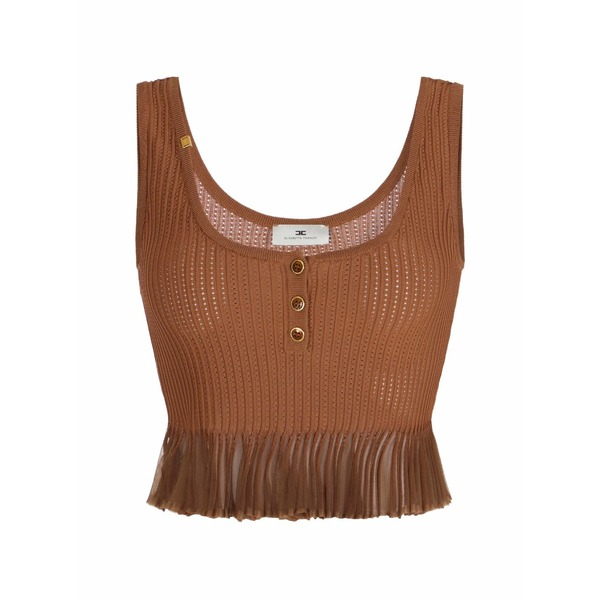 エリザベスフランキ レディース カットソー トップス Button ruffled tank top Brown｜asty