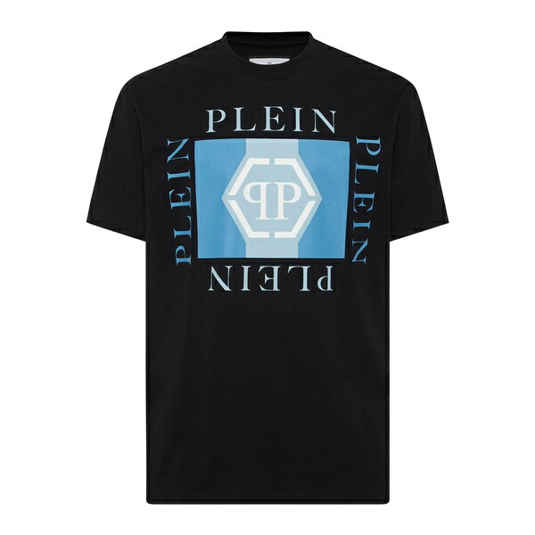 フィリッププレイン メンズ Tシャツ トップス Logo-print hexagon t-shirt Black｜asty
