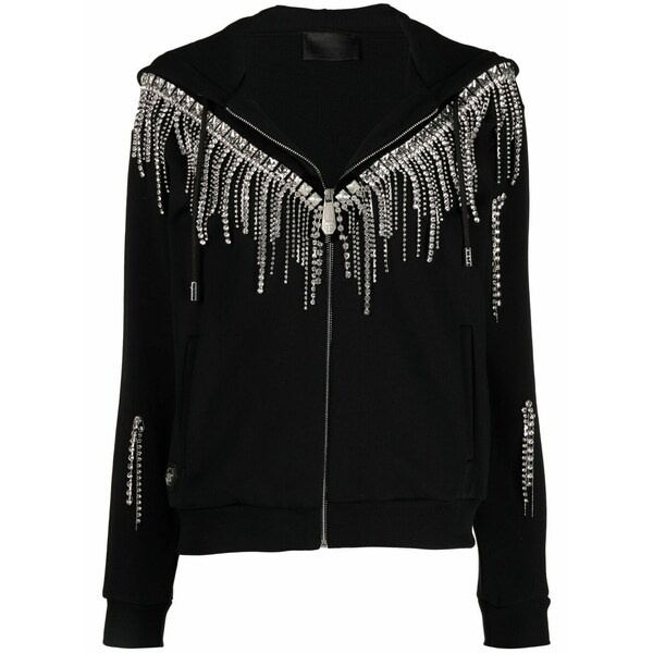 フィリップ飾り気のない レディース パーカー・スウェットシャツ アウター Crystal-fringe hooded zip-up Black