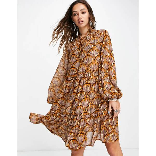 ヴィラ レディース Spicy Vila boho dress in mustard print smock トップス ワンピース 上品なスタイル  ワンピース