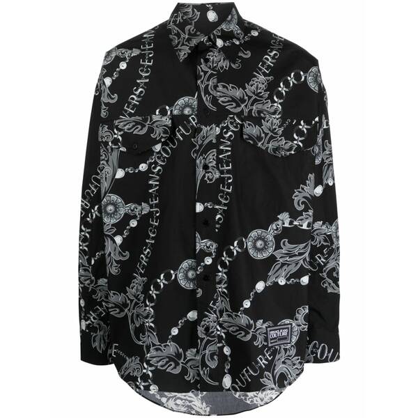 ベルサーチ メンズ シャツ トップス Chain couture-print cotton shirt Black|asty