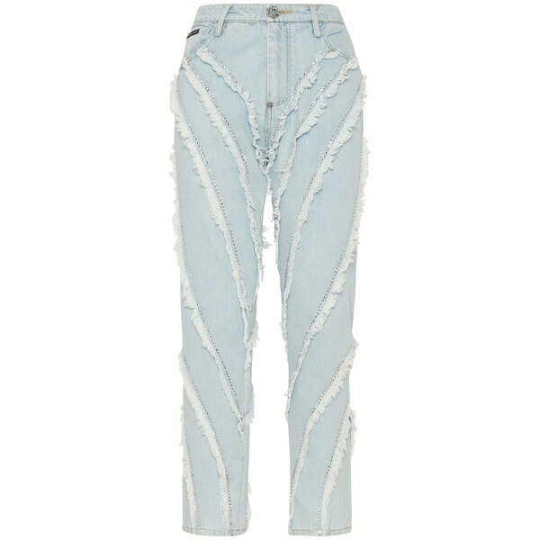 フィリッププレイン レディース デニムパンツ ボトムス Distressed rhinestone-embellished jeans Blue|asty