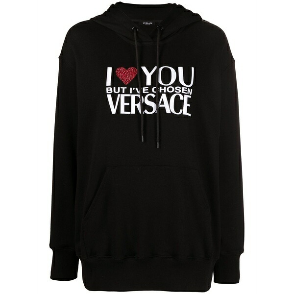 ヴェルサーチ レディース パーカー・スウェットシャツ アウター Crystal-embellished slogan hoodie Black