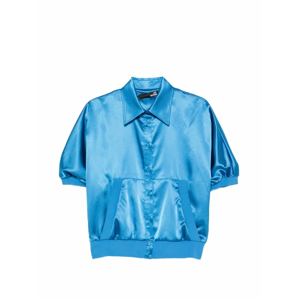 ラブ モスキーノ レディース シャツ トップス Satin-finish logo-embroidered shirt Blue｜asty