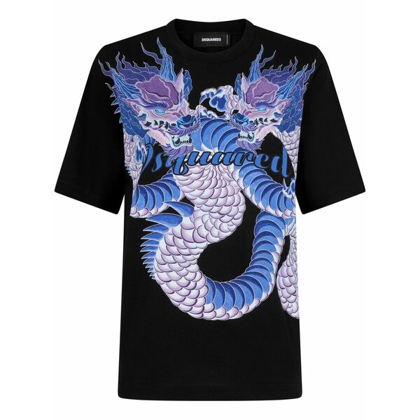 ディースクエアード レディース Tシャツ トップス Dragon-print cotton t-shirt Black｜asty