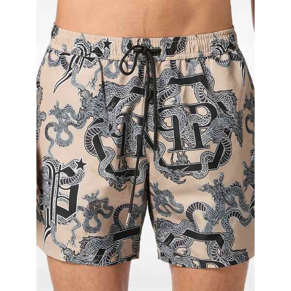フィリッププレイン メンズ カジュアルパンツ ボトムス Logo-print swim shorts Neutrals｜asty