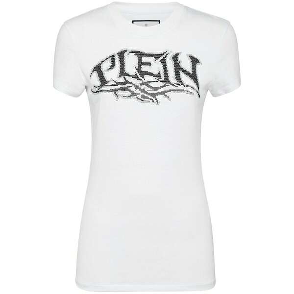 フィリッププレイン レディース Tシャツ トップス Logo-embellished cotton t-shirt White|asty