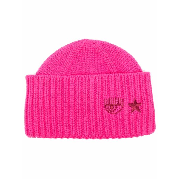 シアラフェラーニ レディース かぶり笠 付属品 Eye star-embroidered ribbed beanie Pink
