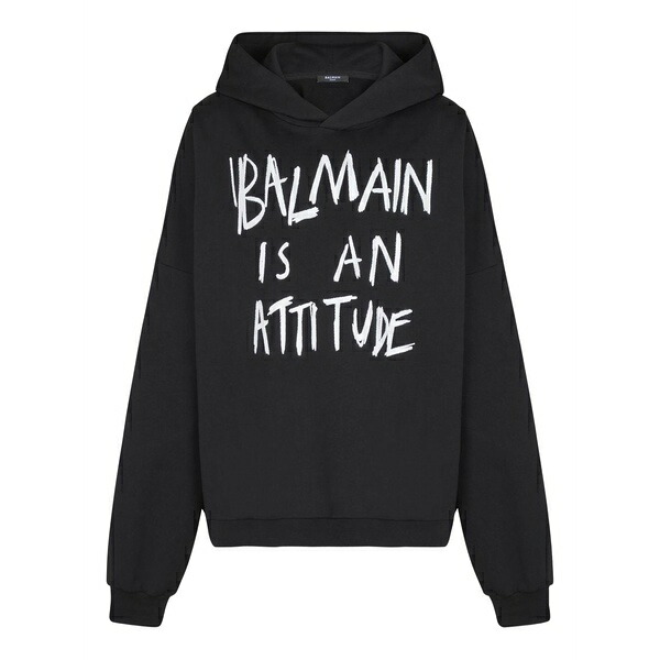 バルマン メンズ パーカー・スウェットシャツ アウター Long-sleeved cotton hoodie Black