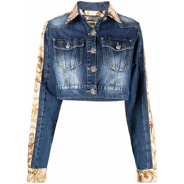 フィリッププレイン レディース デニムパンツ ボトムス Baroque-print cropped denim jacket Blue｜asty