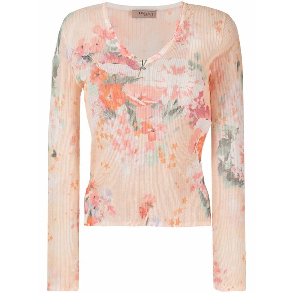 ツイン仕かける レディース ティーシャツ トップス Long-sleeve ribbed blouse Orange Tシャツ・カットソー-トップス