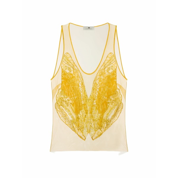 エリザベスフランキ レディース カットソー トップス Embroidered v-neck top Yellow