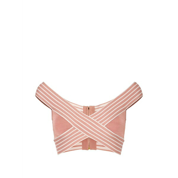 エリザベスフランキ レディース Tシャツ トップス Striped-trim crossover top Pink|asty