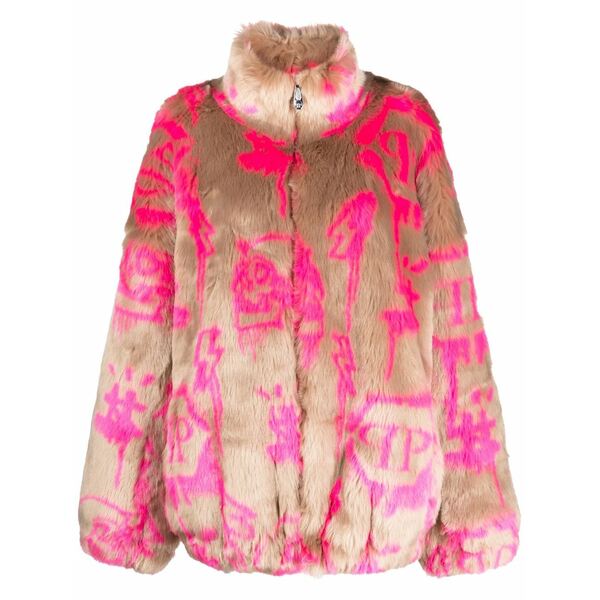 フィリッププレイン レディース コート アウター Monogram-print faux fur coat Pink|asty