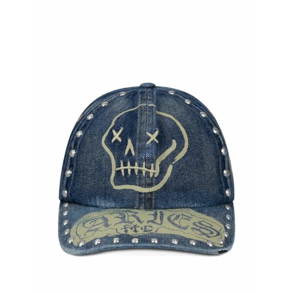 アリーズ メンズ かぶり笠 付属品 Skull-print studded denim cap Blue