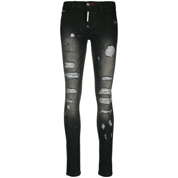 フィリッププレイン レディース デニムパンツ ボトムス Distressed skinny jeans Black|asty