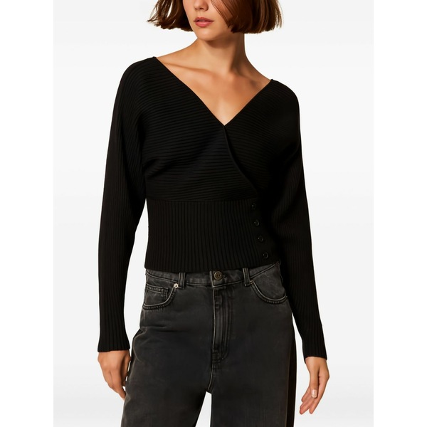 ツインセット レディース ニット\u0026セーター アウター Ribbed-knit cross-front sweater  Black