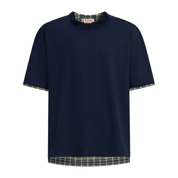 マルニ メンズ ティーシャツ トップス Plaid-check panel cotton t-shirt  Blue