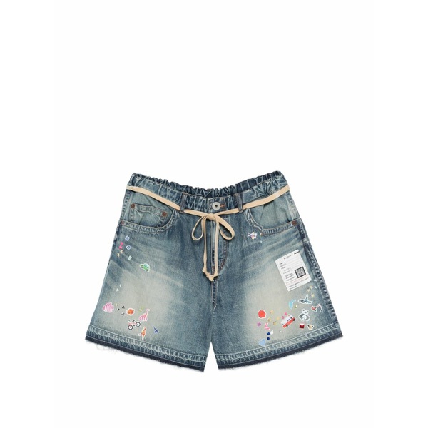 ミハラヤスヒロ レディース 心地よいズボン下 ボトムス Sticker-print frayed denim shorts Blue