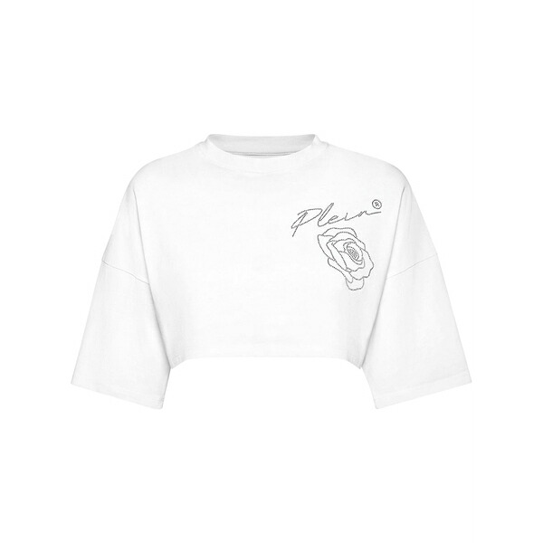 フィリップ飾り気のない レディース ティーシャツ トップス Roses cropped t-shirt White