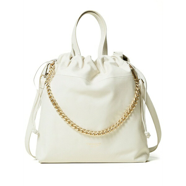 ツイン書き割り レディース トートバッグ 御徒面子 Drawstring leather tote bag  White