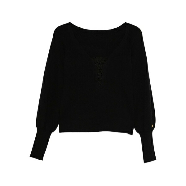 ツイン書き割り レディース 編み物\u0026プルオーバー アウター Lace-detail puff-sleeve sweater  Black