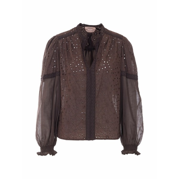 ツイン仕掛ける レディース プルオーバー トップス Embroidered cotton blouse Brown