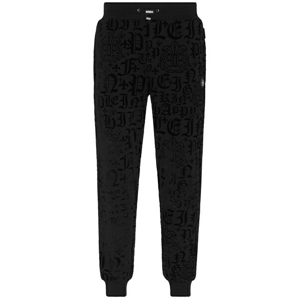 フィリッププレイン メンズ カジュアルパンツ ボトムス Gothic-print drawstring-waist track pants Black｜asty