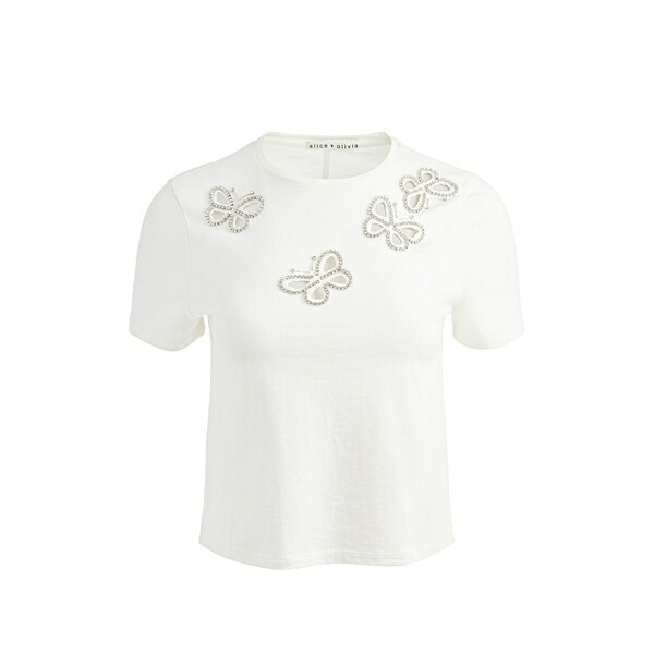 アリス アンド オリビア レディース Tシャツ トップス Crystal-embellished cutout t-shirt White｜asty