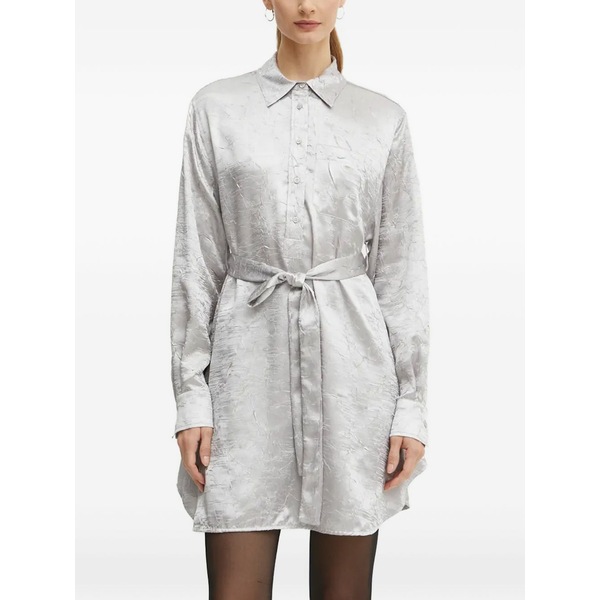 ピンコ レディース ワンピース トップス Belted-waist long-sleeve mini shirt dress Grey|asty